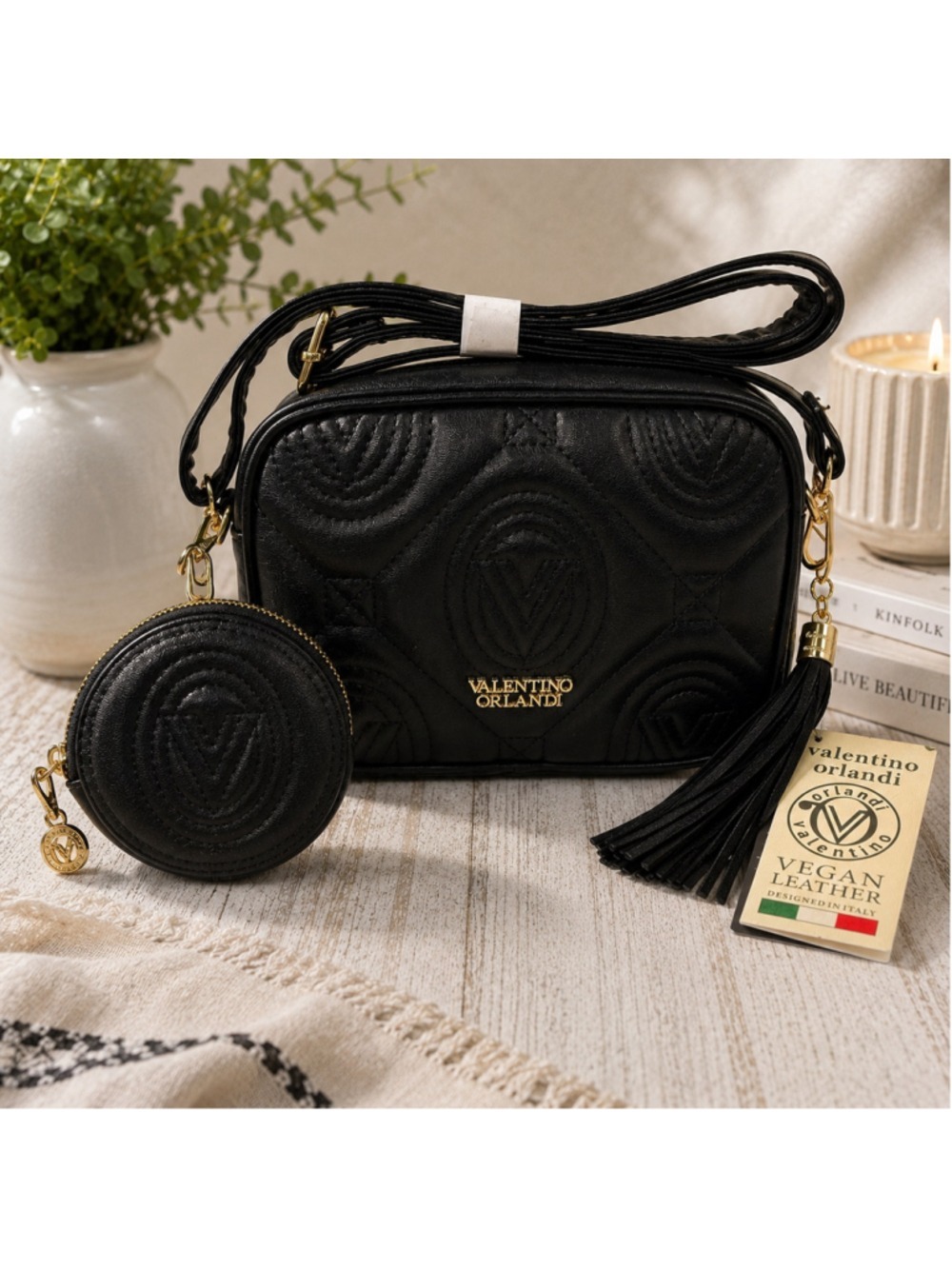 Valentino Orlandi V 2029 Black Vegan Leather Crossbody Bag Coin Purse NWT